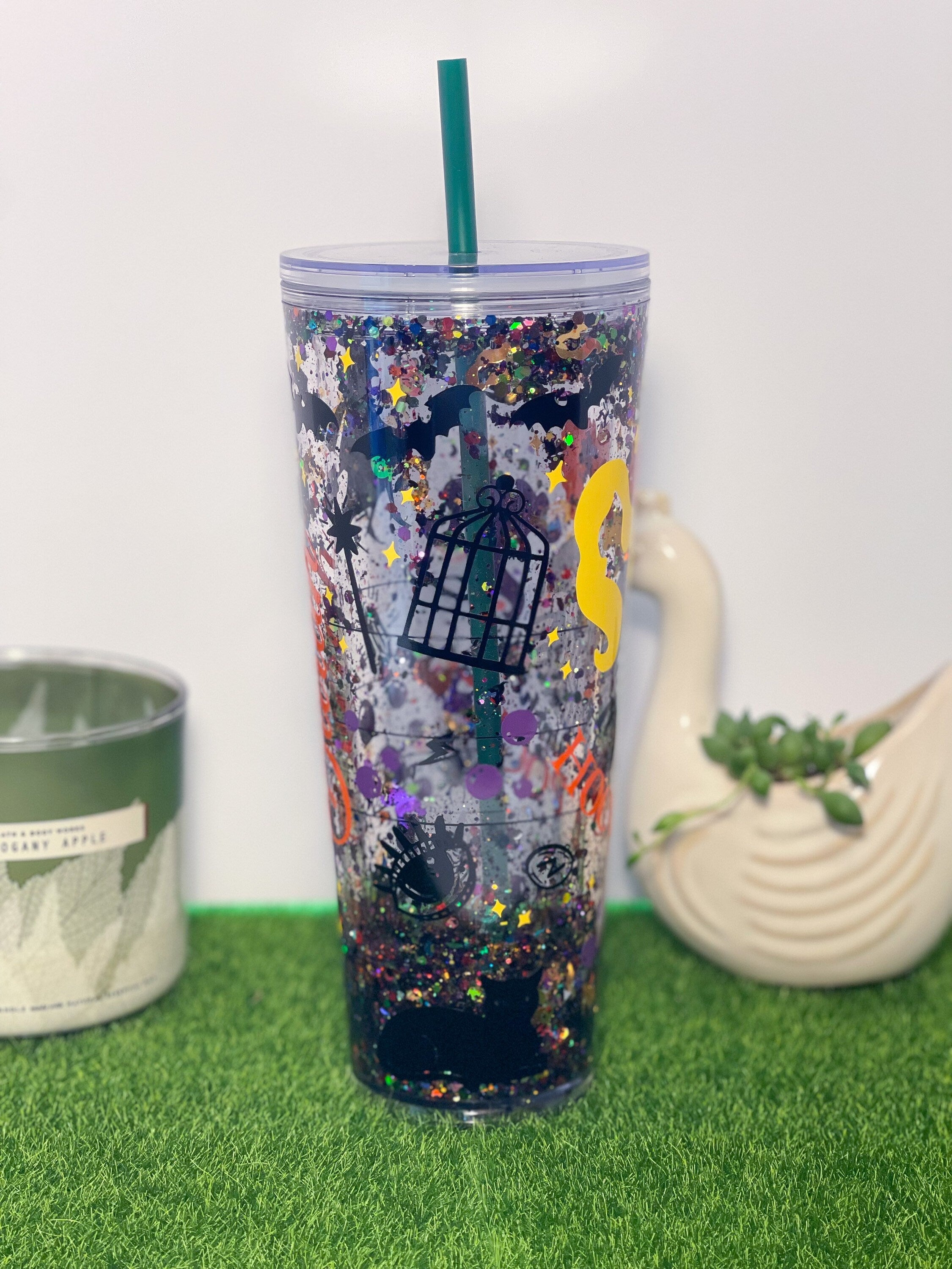 Starbucks Hocus Pocus Halloween Glitter Tumbler with rhinetone/ pearl lid high quality and black resin drip Venti 24 oz